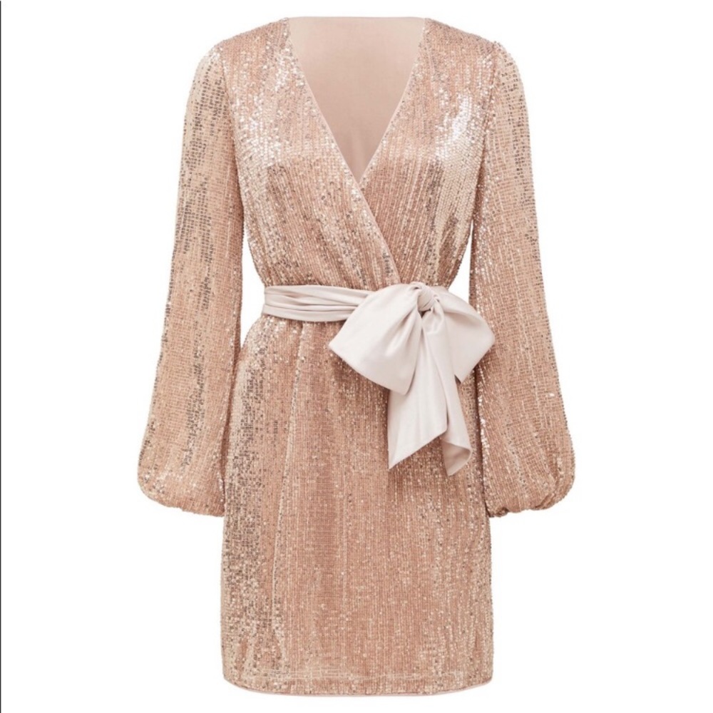 Elegant Sequin Dress with Satin Belt - Champagne